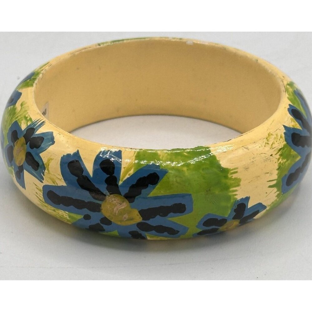 Vintage 70s 80s Hippie Handpainted Flower Wide Bangle Yellow Blue Green 8 Inch